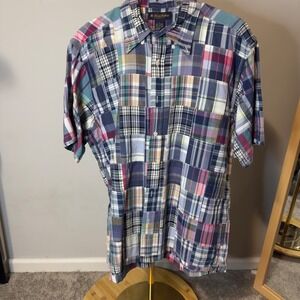 Brooks Brothers Mens Patchwork Madras Plaid Button Down Shirt Short Sleeve Large